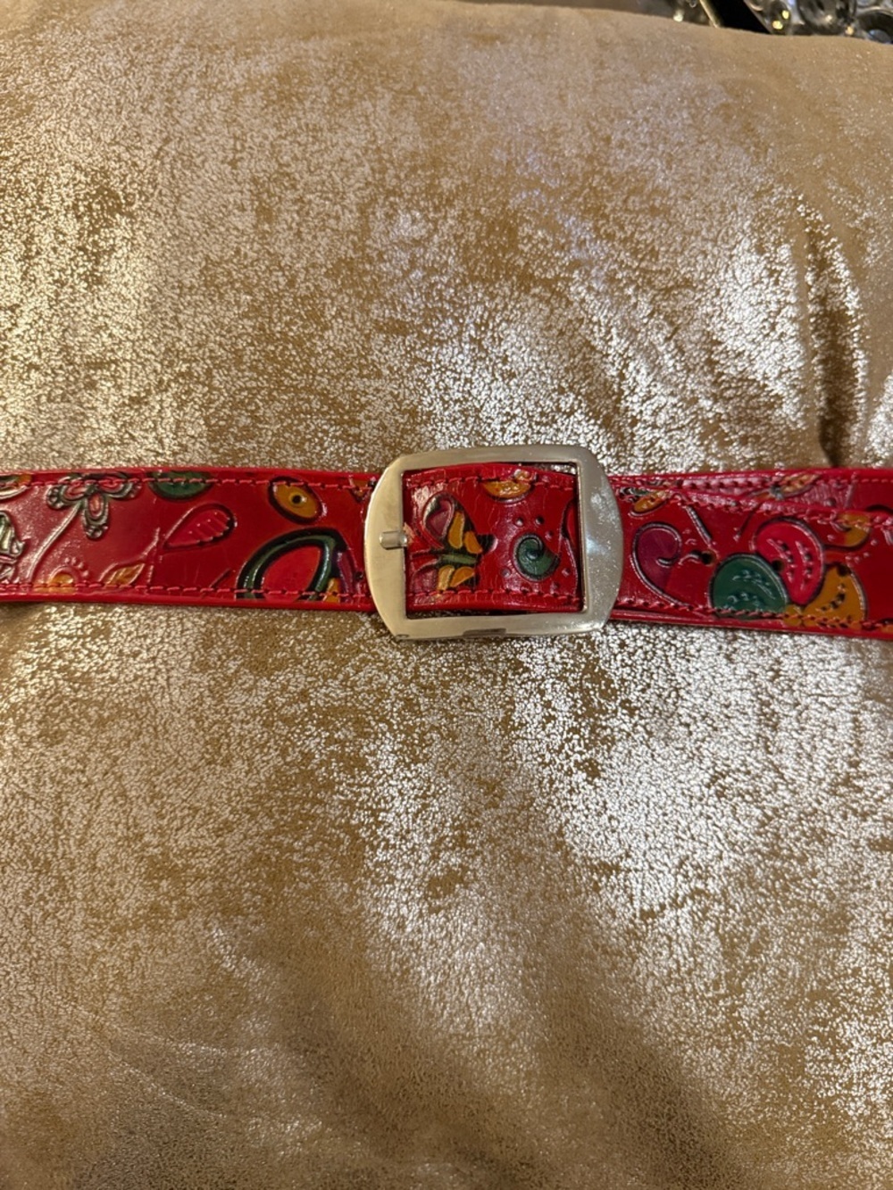 Red Floral Embossed Leather Belt with Silver Buckle